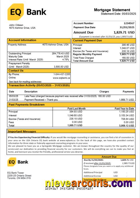 USA Ontario EQ bank mortgage statement